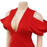 Wholesale Solid Deep-V Cold Shoulder Slit Maxi Dress