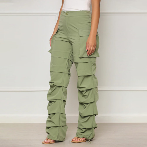 Trendy Straight Elastic Waist Pockets Ruched Cargo Pants