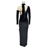 Solid Velvet Single Sleeve Glove Evening Gown Maxi Dress
