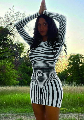 Print Striped Long Sleeve Bodycon Dress