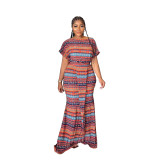 Striped Print Round Neck Short Sleeve African Maxi Dress