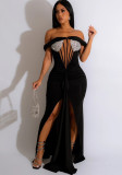 Black Mesh Panel Sequin Trim Off Shoulder Party Slit Maxi Dress