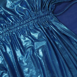 Sexy Shiny Metallic Solid V-Neck Drawstring Halter Neck Club Dress
