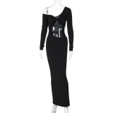 Black Sexy V-neck One-shoulder Slim Long-sleeved Maxi Dress