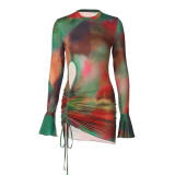 Sexy Hollow Out Tie Dye Printed Bell Bottom Long Sleeve Drawstring Dress