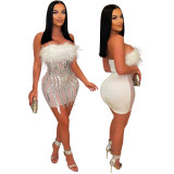 Trendy Fur Strapless Sequin Embellished Bodycon Dress