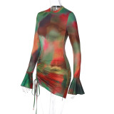 Sexy Hollow Out Tie Dye Printed Bell Bottom Long Sleeve Drawstring Dress
