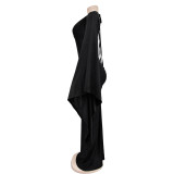 Solid One Shoulder Singele Sleeve Cutout Backless Maxi Dress