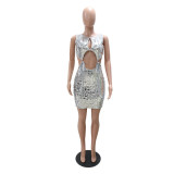 Sexy Silver Patchwork Sleeveless Round Neck Hollow Tie Bodycon Dress