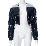Winter Patchwork Patent Pu Leather Long Sleeve Short Puffed Jacket