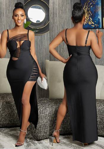 Trendy Solid Mesh Patchwork Cutout Slit Cami Long Dress