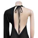 Solid One Shoulder Singele Sleeve Cutout Backless Maxi Dress