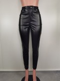 Black Lace-Up PU Leather Slim Fit Pants