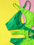 Hollow Contrast Color Sexy Green One-piece Swimwear