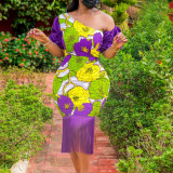Party Slash Shoulder Short Sleeve Floral Print Patchwork Tassel Dress