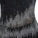 Solid Rhinestone Mesh Patchwork Long Sleeve Tight Jumpsuit