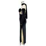 Solid Velvet Single Sleeve Glove Evening Gown Maxi Dress