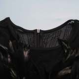 Sexy Feather Rhinestone See-Through Long Sleeve Bodycon Midi Dress
