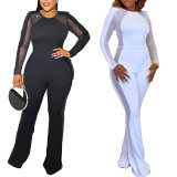 Sexy Rhinestone See-Through Mesh Patchwork Tight Bell Bottom Jumpsuit