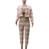 Trendy Knitting Striped Casual Three-Piece Pants Set