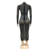 Rhinestone Mesh See-Through Long Sleeve Cutout Midi Bodycon Dress
