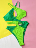 Hollow Contrast Color Sexy Green One-piece Swimwear