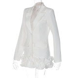 White Chic Long Sleeve Button Ruffle Blazer Dress