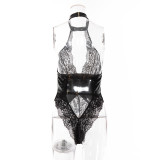 Lace PU Leather Patchwork Sexy Teddy Lingerie