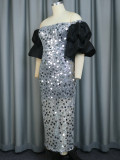 Sequins Plus Size Sexy Off Shoulder Puff Sleeve Party Dress