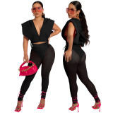 Hooded Zipper Crop Top Mesh Pants 2PCS Set