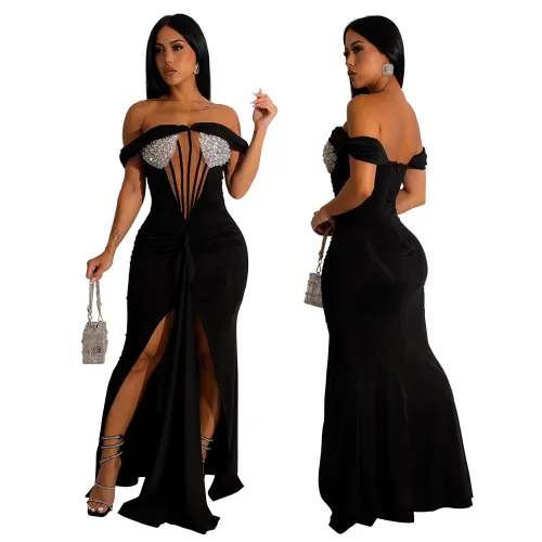 Black Mesh Panel Sequin Trim Off Shoulder Party Slit Maxi Dress