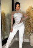 Solid Rhinestone Mesh Patchwork Long Sleeve Tight Jumpsuit