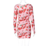 Wholesale Floral Print Long Sleeve Square Neck Ruched Bodycon Dress