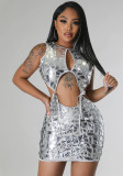 Sexy Silver Patchwork Sleeveless Round Neck Hollow Tie Bodycon Dress