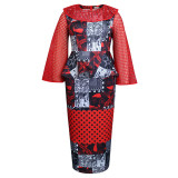 Ladies Hollow Out Print Peplum Party Dress