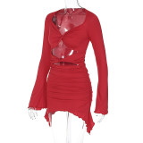 Wholesale Bell Bottom Long Sleeve Hollow Ruched Bodycon Dress