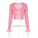 Trendy Pink Plush Patchwork Long Sleeve Cropped Top