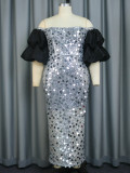 Sequins Plus Size Sexy Off Shoulder Puff Sleeve Party Dress