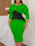 Plus Size Ladies Contrast Color Patchwork 3/4 Sleeve Midi Dress