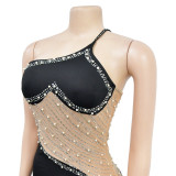 Trendy Mesh Beaded Rhinestone One Shoulder Strap Bodycon Dress