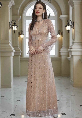 Wholesale V-Neck Long-Sleeved Evening Dress