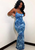 Sexy Fake Denim Print Backless Cami Maxi Dress