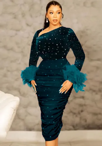 Green Velvet Fur Cuff Irregular Collar Formal Ruched Party Dress