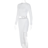 Women Ribbed Long Sleeve Solid Irregular 2PCS Skirt Set