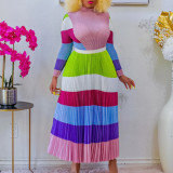 Print Contrast Color Long-sleeved T-Shirt and Long Pleated Skirt 2PCS Set