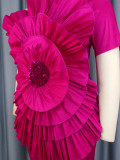 3D Flower Dress Slash Shoulder Single Sleeve Party Dress