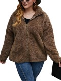 Plus Size Winter Turndown Collar Zip Pocket Long Sleeve Fleece Jacket