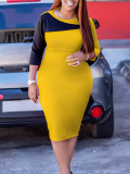Plus Size African Solid 3/4 Sleeve Contrast Midi Dress