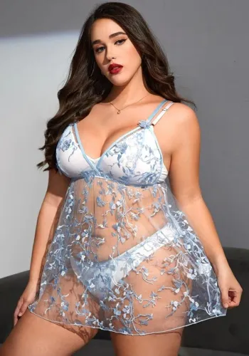 Sexy Plus Size Lingerie One Piece See-Through Blue Lace Night Dress