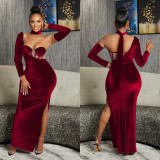 Solid Velvet Single Sleeve Glove Evening Gown Maxi Dress